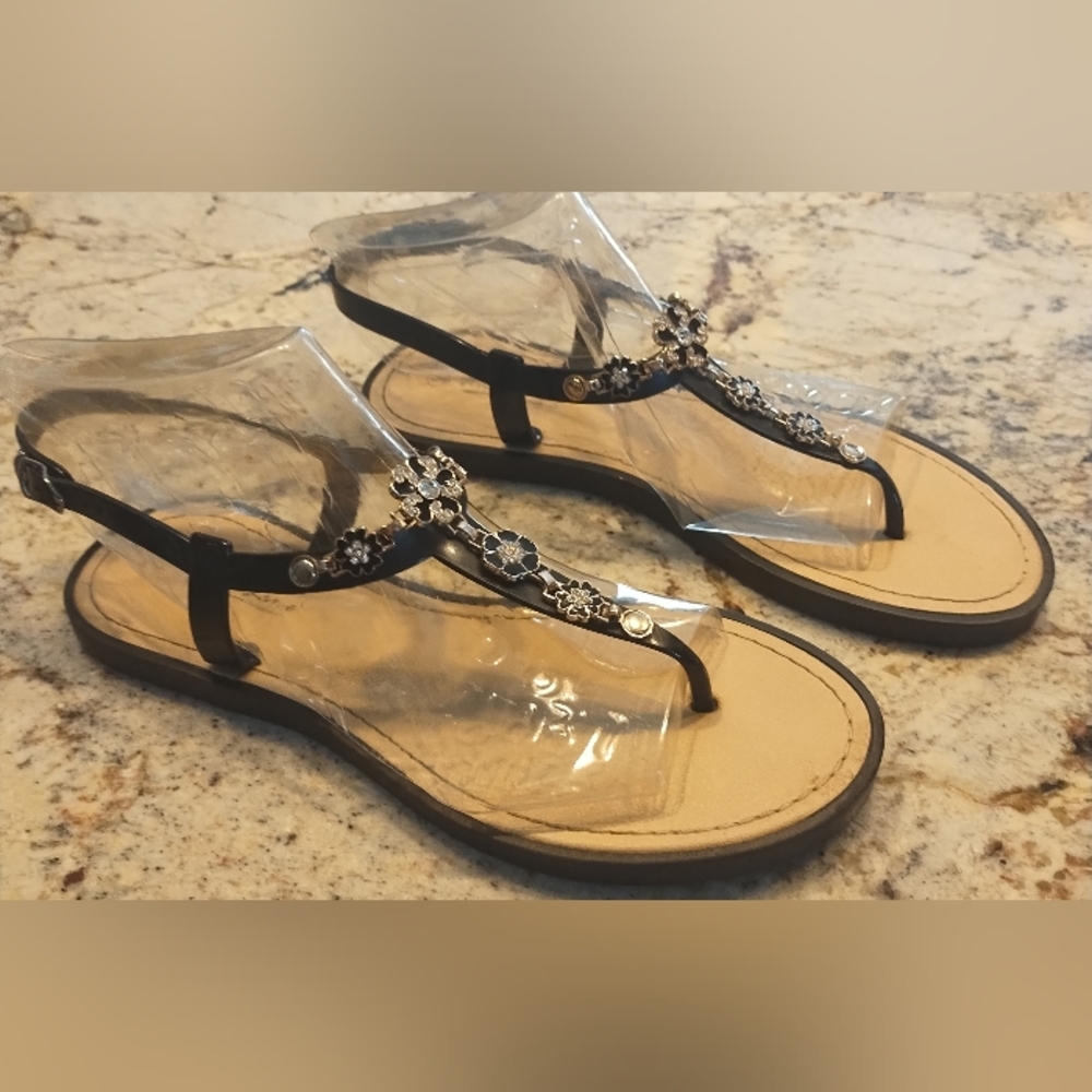 White Line Gold & Black Jewel Flower Sandals Sz 9